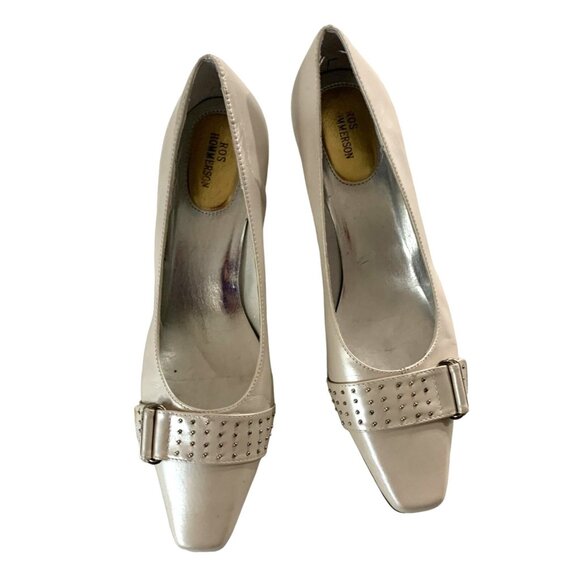 Ros Hommerson Womens Size 8.5 M Tan beige Buckle Beaded Toe Block 2 in Heel - Picture 5 of 7